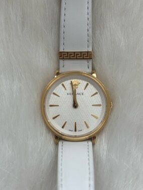 Authentic Versace White Leather Strap Watch with Gold-Tone Case